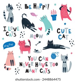 Cute cat with text set. Cartoon cats characters design collection with flat color in different poses. Set of funny pet animals isolated on white background.