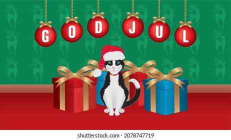 Cute cat with text in Swedish (Sweden), means Merry Christmas. Vector illustration. Dimension 16:9