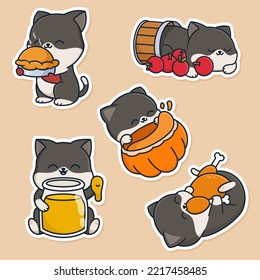 Cute cat with thanksgiving food sticker set