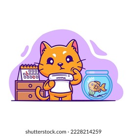 Cute Cat Thinking With Aquarium Fish Cartoon Vector Icon Illustration. Animal Nature Icon Concept Isolated Premium Vector. Flat Cartoon Style