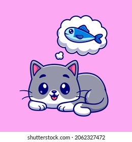 Cute Cat Thinking Fish Cartoon Vector Icon Illustration. Animal Nature Icon Concept Isolated Premium Vector. Flat Cartoon Style