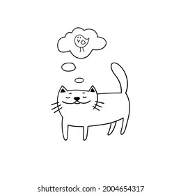 Cute cat piensa en un pájaro. Ilustración dibujada a mano en blanco y negro.