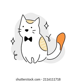 Cute cat with tie bow. Doodle line, vector illustration.