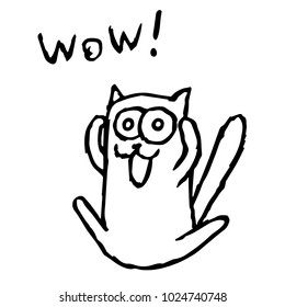 Cute cat Tik enjoys and screaming. Vector illustration. Cartoon animal character.