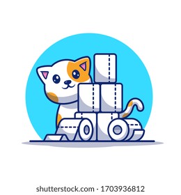 Cute Cat With Toilet Tissue Paper Vector Icon Illustration. Mascot Cartoon Character. Animal Icon Concept White Isolated. Flat Cartoon Style Suitable for Web Landing Page, Banner, Flyer, Sticker, Card