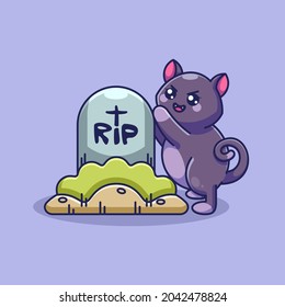 Cute cat with tombstone cartoon