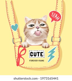 cute cat tongue out in hand drawn side bag vector illustration