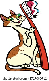 cute cat with toothbrush and toothpaste color vector
