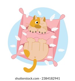 A cute cat tore a pillow with feathers. Damage to home interior by animals. Flat illustration.