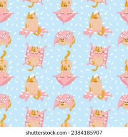 A cute cat tore a pillow with feathers. Damage to the interior of the house by animals. Seamless illustration. Design of fabric, paper or wallpaper.