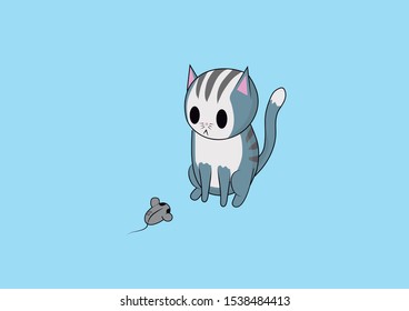 Cute  cat with toy mouse. Animal cartoon kawaii- Vector