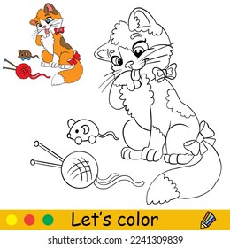 Cute cat with a toys. Coloring book page with color template for children. Vector cartoon illustration isolated on white background. For coloring book, education, print, game.