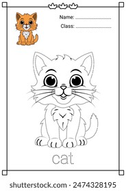 Cute Cat Tracing and Coloring Worksheet for Kids