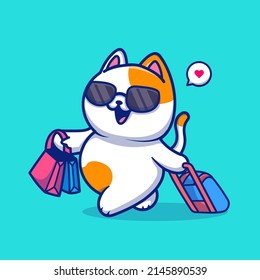 Un Gato Agradable Viajando Con Una Maleta Y Una Ilustración De Icono Del Vector De Caricatura. Vector Premium Aislado De Icono De Festividad Animal. Estilo de dibujo plano