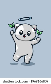 Cute cat with tree shoots animal cartoon illustration