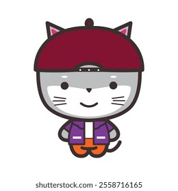 Cute cat with trendy suit and red-backwards hat for element design or child's merchandises