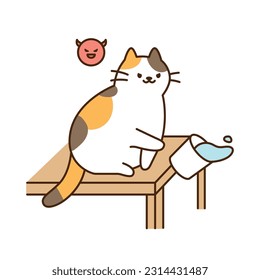 Cute cat. A tricolor cat is kicking a water cup on the table and knocking it off.