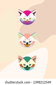 Cute cat trio flat design with pastel background. Vector ilustration