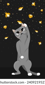 Un gato lindo tratando de atrapar luciérnagas mágicas. Gatito parado en patas traseras y jugando con gusanos de lumbre en una noche estrellada. Ilustración vectorial plana