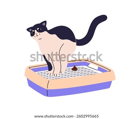 Cute cat trying to poop in sand box. Amusing kitten sits in litter tray, pushing. Funny kitty straining in pet toilet. Domectic animal behavior. Flat isolated vector illustration on white background.