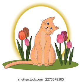 Un gato lindo con tulipanes. Archivo vector para diseños.