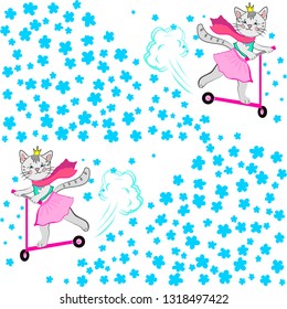 Cute cat in tutu skirt riding scooter blue pink white seamless pattern on white fabric design vector