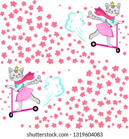 Cute cat in tutu skirt riding scooter floral pink white seamless pattern on white fabric design vector