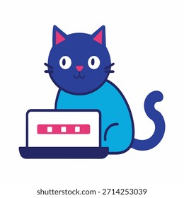 Nette Katze, die Passwörter sicher auf dem Computer eingibt, Vektorgrafik, Bürosicherheit, professionelle Katze, Cybersicherheitskonzept, digitaler Arbeitsplatz, moderne Büroumgebung