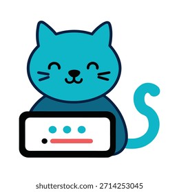 Nette Katze, die Passwörter sicher auf dem Computer eingibt, Vektorgrafik, Bürosicherheit, professionelle Katze, Cybersicherheitskonzept, digitaler Arbeitsplatz, moderne Büroumgebung