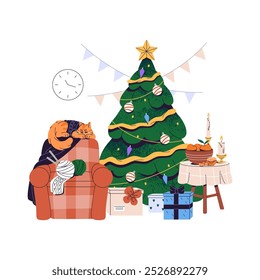 Cute cat in ugly sweater sleeps near Christmas tree. Decorated Xmas pine, festive gift boxes. New year cozy. Winter holiday interior decoration. Flat isolated vector illustration on white background