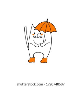 Cute cat with an umbrella and boots . Hand drawn vector illustration isolated on white background