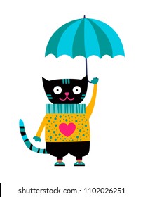 Cute Cat With Umbrella. Cartoon