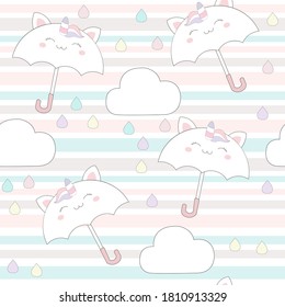Cute cat umbrella with clouds seamless pattern.Seamless pattern can be used for wallpapers, pattern fills, surface textures
