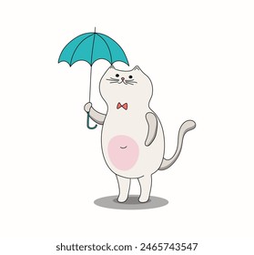 Cute cat with an umbrella. Rainy season. Pet on a walk. Cartoon kitten. Vector illustration. Background isolated.