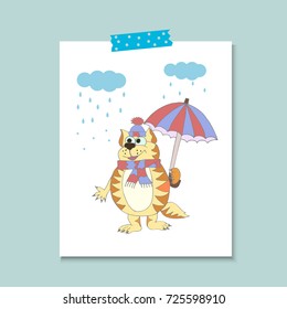 Cute cat with umbrella and scarf under rain. Vector cartoon illustration can be used for baby t-shirt, print design, baby shower, greeting and invitation card.