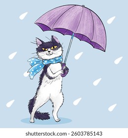cute cat with umbrella wearing a blue scarf