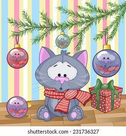 Cute Cat under the Christmas tree 
