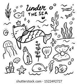 Cute Cat Under the sea collection hand drawn sticker doodle