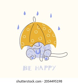Cute cat under an umbrella, be happy. Hand draw doodle illustration