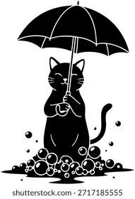 Gato bonito sob a ilustração da arte da linha do guarda-chuva