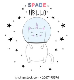 A cute cat unicorn astronaut in space. Sweet kids graphics for t-shirts. Greeting card.