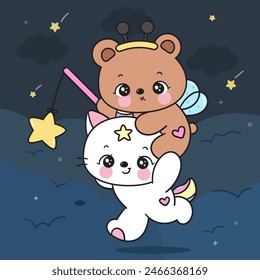 Lindo unicornio de gato y oso atrapando la estrella mágica en el cielo dulces sueños cuentos de hadas. Serie: Beso de buenas noches cuento de la hora de dormir Kawaii animales durmiendo divertido gatito jugando (Caricatura del personaje). Para la camiseta del bebé.