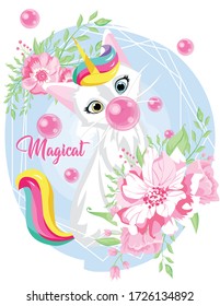 Cute Cat Unicorn With Bubblegum In Geometric Flower Frame. Kawaii Hand Drawn Cartoon. Unicat