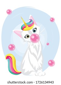 Cute Cat Unicorn With Bubblegum. Kawaii Hand Drawn Cartoon. Unicat