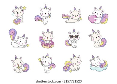 Cute cat unicorn cartoon characters. Funny stickers collection