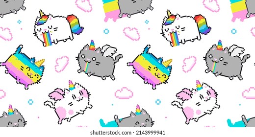 Cute Cat Unicorn or Caticorn psychedelic pixel art seamless pattern background. Cartoon Cat unicorns with pink wings for design of backgrounds, wallpapers, fabrics, wrapping paper, scrapbooking