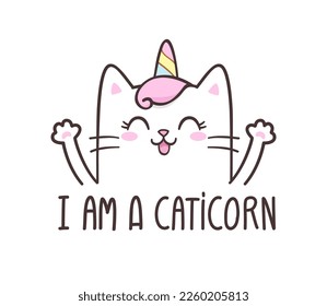 Cute Cat Unicorn character. Cartoon Kitten with 