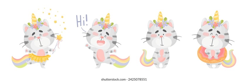 Cute Cat Unicorn Character with Rainbow Tail Vector Set