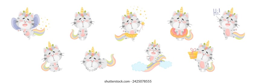 Cute Cat Unicorn Character with Rainbow Tail Vector Set