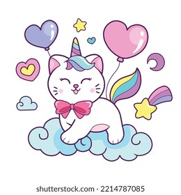 Cute cat unicorn cloud cartoon illustration